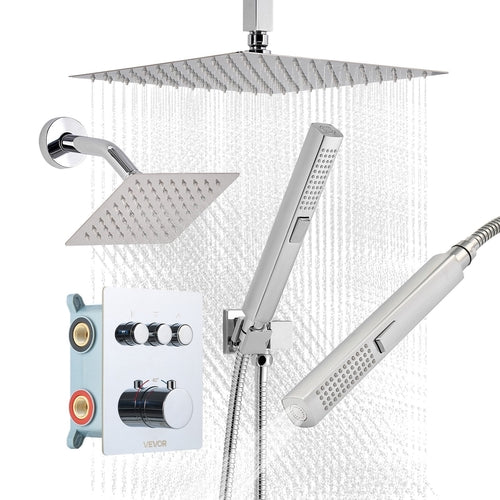 Shower Faucet Set, 12 Inch Thermostatic Ceiling Mount Rainfall Shower