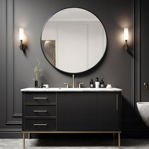 39 Inch Black Metal Framed Round Bathrrom Mirror for Wall.