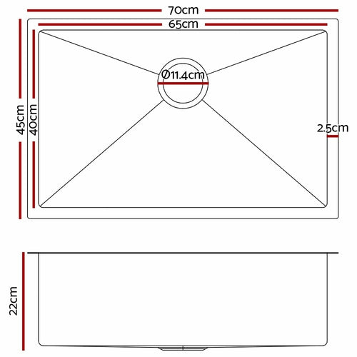 Cefito 70cm x 45cm Stainless Steel Kitchen Sink Under/Top/Flush Mount