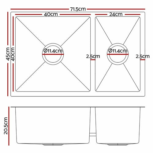 Cefito 71cm x 45cm Stainless Steel Kitchen Sink Under/Top/Flush Mount