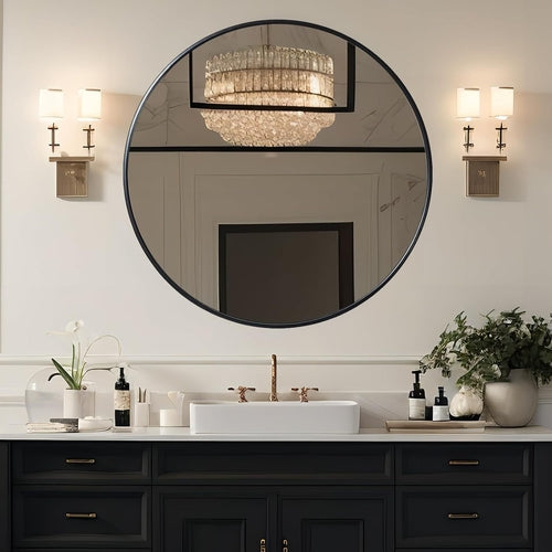 39 Inch Black Metal Framed Round Bathrrom Mirror for Wall.