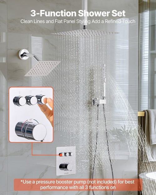 Shower Faucet Set, 12 Inch Thermostatic Ceiling Mount Rainfall Shower