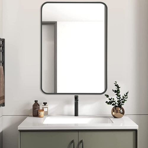 Black Metal Framed Bathroom Wall Mirror With Thin Frame