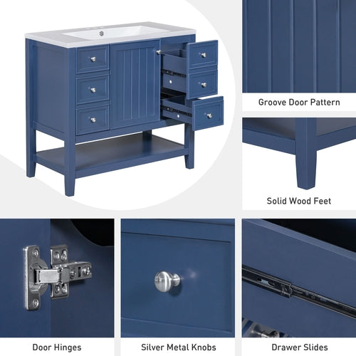 36" Bathroom Vanity with Sink Combo, One Cabinet and Three Drawers,